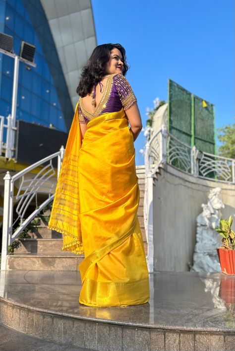 #saree #sareelove #yellowsaree #purpleblouse #purple #yellowaesthetic #indianfashion #sareefashion #sareeblousedesigns #sareedraping #blousedesignslatest #blouse #fashion Yellow Saree With Purple Blouse, Yellow Purple Saree, Bengali Bridal Makeup, Purple Saree, Yellow Saree, Blouse Hand Designs, Dress Indian, Purple Blouse, Maggam Work