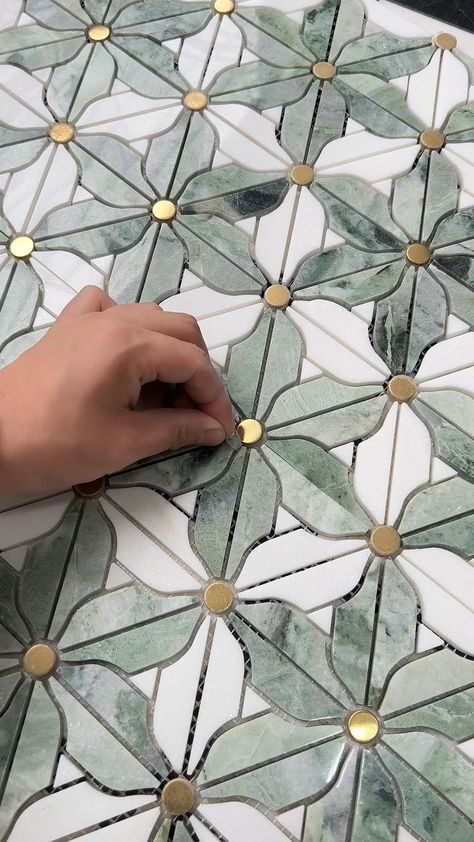 Shangeri La jade marble with thassos flower mosaic tile. Try a fresher design to bring a new experience to your… | Instagram Bedroom Trunk, Green Marble Tile, Drømme Bad, Home Nails, Nails Home, Flower Tile, Decorating Home, Mosaic Flowers, Treat Ideas