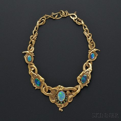 Art Nouveau 18kt Gold, Opal, and Demantoid Garnet Necklace Art Nouveau Jewelry Necklace, Gold Opal Jewelry, Art Nouveau Necklaces, Bijoux Art Nouveau, Demantoid Garnet, Snake Jewelry, Garnet Necklace, Art Nouveau Jewelry, Deco Jewelry