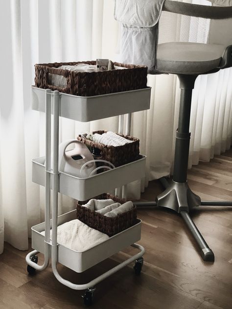 Newborn Essentials Cart, Bedside Set Up For Newborn, Baby Storage Cart, Baby Cart Organizer, Baby Cart Ideas, Rolling Cart Baby Shower Gift, Baby Caddy Organizer Cart, Newborn Rolling Cart, Bedside Cart For Baby