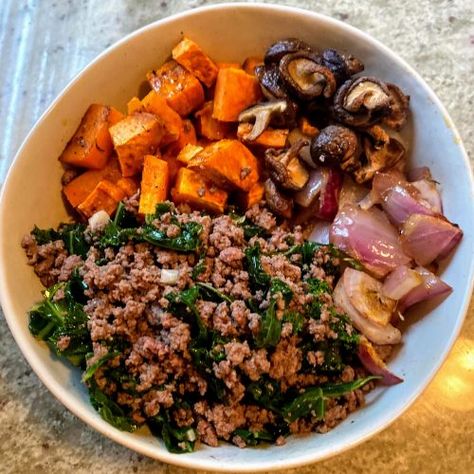 Sweet Potatoes And Mushrooms, Ground Beef Recipes With Sweet Potatoes, Ground Beef And Kale Recipes, Healthy Ground Beef Bowl Recipes, Ground Beef Veggie Bowl, Steak Sweet Potato Bowl, Pro Metabolic Ground Beef Recipes, Ground Beef Power Bowl, Sweet Potato With Ground Beef