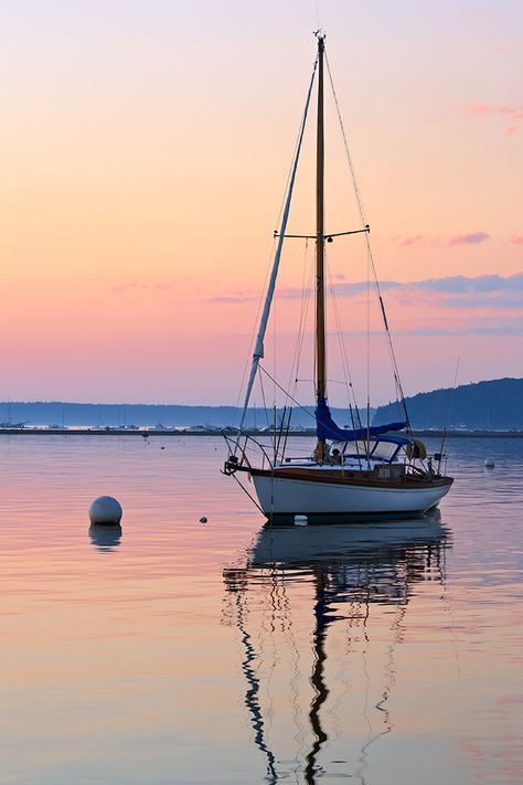 "Frenchman Bay, Bar Harbor, Mt. Desert Island, Maine." Navi A Vela, Calm Waters, Sailboat Painting, Boat Art, Boat Painting, Desert Island, The Calm, Ocean Breeze, Set Sail