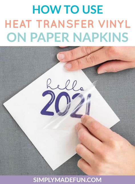 How to use a heat press to add heat transfer vinyl decals to a napkin Cricut Napkin Ideas, Diy Custom Napkins, Cricut Napkins, Napkin Crafts, Thanksgiving Hosting, Napkins Paper, Stencil Vinyl, Diy Napkins, Party Crafts