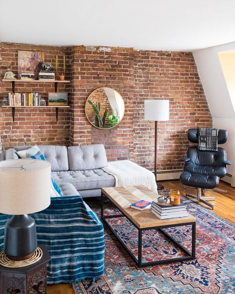 As a writer and photographer for Apartment Therapy, Emily Billings knows that readers look to House Tours for inspiration. She was kind enough to provide a glimpse into her Boston apartment—where she lives with her partner Max— and also provides links to most of the items in her beautiful home. Check them out below. Brick Wall Living Room, Brick Living Room, Boston Apartment, Exposed Brick Walls, Apartment Style, Office Set, Exposed Brick, Dream Decor, Decor Rustic