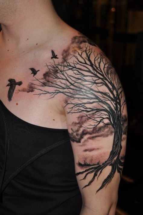 Tree And Birds Tattoo, Tree Sleeve Tattoo, Tree Tattoo Arm, Tree Sleeve, Roots Tattoo, Red Heart Tattoos, Mother Nature Tattoos, Club Tattoo, Mens Shoulder Tattoo