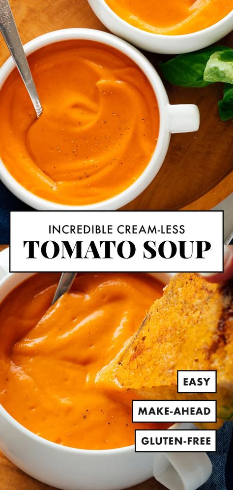 Meet the BEST homemade tomato soup recipe! It's easy to make with basic ingredients, plus it's creamy yet magically cream-less! This soup is gluten free, vegetarian and easily made vegan. #tomatosoup #souprecipe #easyrecipe #cookieandkate Best Homemade Tomato Soup, Sweet Potato Carrot Soup, Easy Soup Recipes Healthy, Homemade Tomato Soup Recipe, Homemade Tomato Soup, Cream Of Tomato Soup, Tomato Soup Easy, Recipe Soup, Tomato Soup Homemade