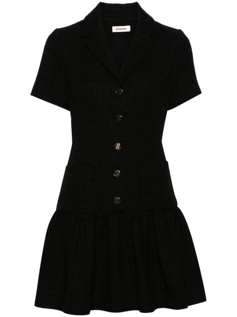 black tweed gold-tone logo buttons notched collar front button fastening short sleeves fitted waistline two front patch pockets full lining peplum hem thigh-length Notched Collar Dress, Dresses For Church, Sandro Dress, Burberry Dress, Church Dress, Stylish Work Attire, Black Tweed, City Dress, Tweed Dress