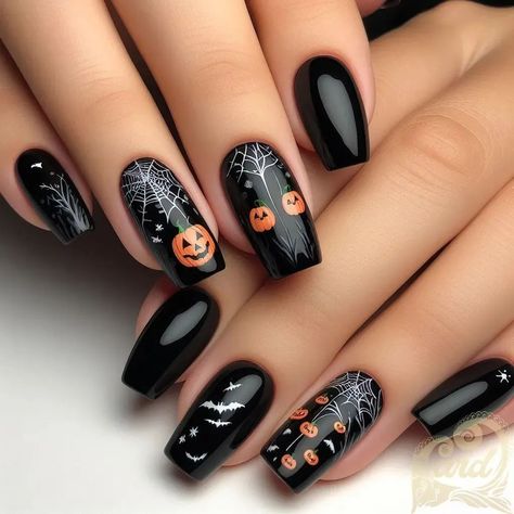 https://card9.com/ai/halloweenhalloween-black-nail-set Black Pumpkin Nails, Ongles Halloween, Halloween Nail Design, Girly Nails, Pastel Nail Art, Halloween Nails Diy, Witchy Nails, Small Nails, Nails Arts