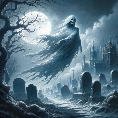 Sebastián Iturralde on X: "Under the haunting glow of the moon, a spectral Wraith drifts silently through a forgotten graveyard, its ethereal presence a whisper of ancient tales and long-lost secrets. https://t.co/IYC3yt6Wrs" / X Halloween Live Wallpaper, Dark Alice In Wonderland, Grim Reaper Art, Scary Ghost Pictures, Halloween Graveyard, Halloween Moon, Creepy Horror, Horror Themes, Ghost Pictures