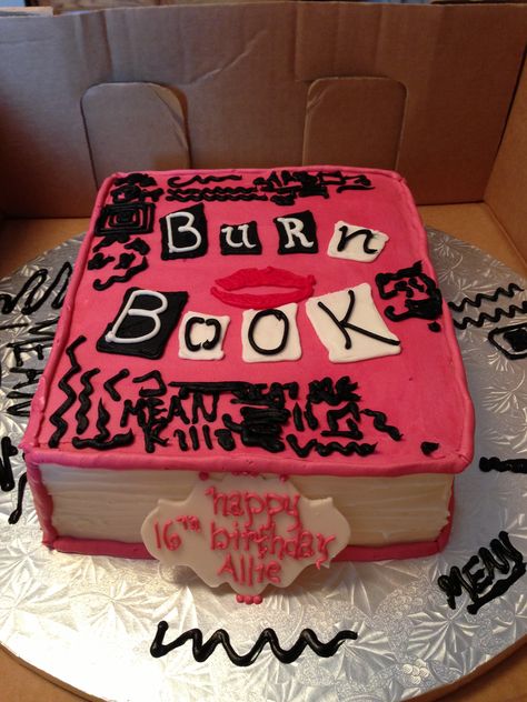 Burn Book cake.  Turned out awesome! Burn Book Cake Ideas, Burn Book Birthday Party, Early 2000s Cake, Mean Girls Cake Ideas, Burn Book Cake, 16 Bday Cake, Mean Girls Cake, Y2k Birthday Party, Freebies On Your Birthday