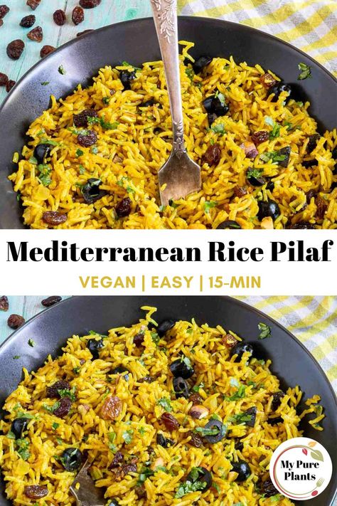 Mediterranean Rice Pilaf Recipe, Mediterranean Rice, Rice Pilaf Recipe, Vegetable Kabobs, Vegan Feta Cheese, Pilaf Recipes, Asparagus And Mushrooms, 5 Ingredient Recipes, Rice Pilaf