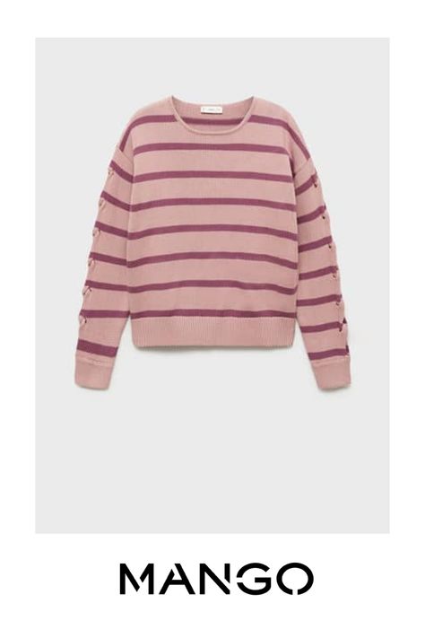 100% Algodón, Diseño de rayas, Manga larga, Diseño recto, Cuello redondo, Trenzado lateral decorativo Braided Side, Stripe Sweater, Pastel Pink, Sweaters & Cardigans, Round Neck, Mango, Pastel, Knitting, Long Sleeve