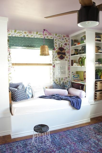 Built in Daybed with IKEA bookshelves - House Homemade Kids Reading Corner, Ikea Daybed, Built In Daybed, Creative Bookcases, Billy Ikea, Bed Nook, Ikea Billy Bookcase Hack, Ikea Bookcase, Kura Bed