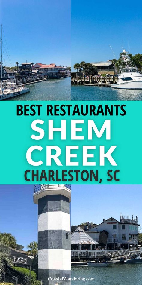 Are you looking for the best restaurants on Shem Creek? Here are the best places to eat on and near Shem Creek and the waterfront boardwalk. Located just across the bridge from downtown Charleston in Mount Pleasant, South Carolina the Shem Creek Boardwalk has beautiful waterfront views, seafood restaurants, and a fun atmosphere that makes it a favorite spot for locals and visitors. Summerville South Carolina, Shem Creek Charleston, Isle Of Palms South Carolina, Charleston Trip, Shem Creek, Mount Pleasant South Carolina, Charleston Travel Guide, Mt Pleasant Sc, Charleston Restaurants