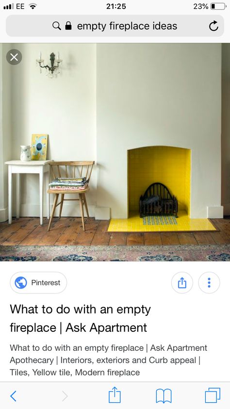 Empty Fireplace Ideas, Fireplace Apartment, Tiled Fireplace, Yellow Tile, Living Room Tiles, Yellow Living Room, Modern Fireplace, Fireplace Tile, Fireplace Ideas