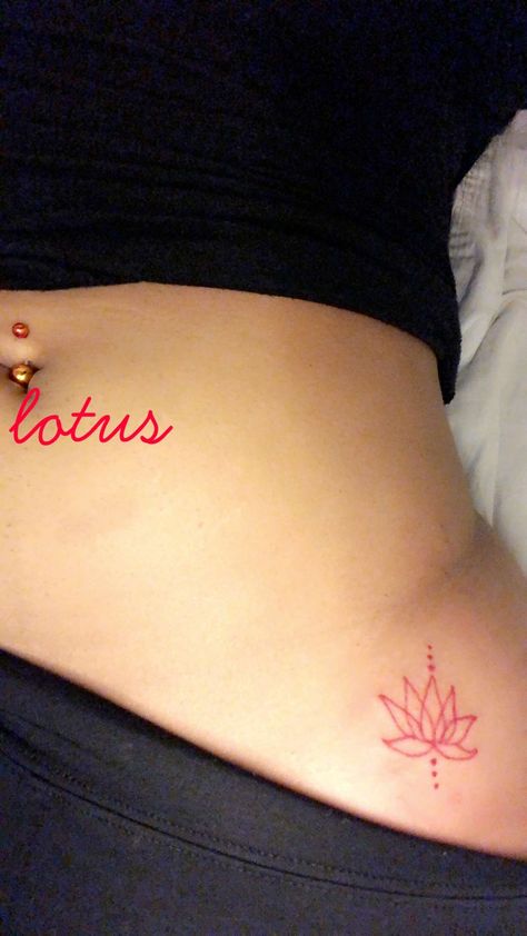 Red Tattoo On Thigh, Lotus Tattoo Hip, Back Of Neck Tattoo Lotus Flower, Lotus Hip Tattoo, Lotus Flower Tattoo Red, Small Red Tattoo Ideas, Red Tattoo Ideas Female, Handtattoo Ideas, Red Lotus Flower Tattoo