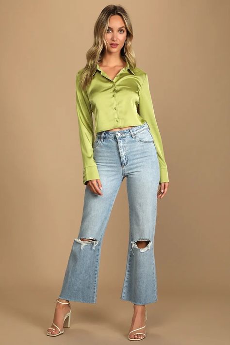 Cropped Jeans Outfit, Back Light, Green Button, Green Satin, Tie Backs, Jean Outfits, Cropped Jeans, Bell Bottom Jeans, Long Sleeve Top