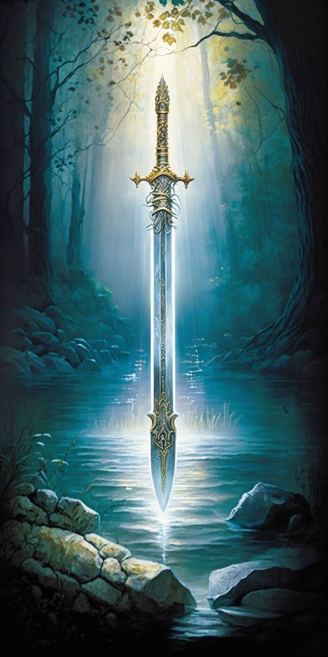 Excalibur in arthurian legends is the legendary sword of King Arthur, sometimes also attributed with magical powers or associated with the rightful sovereignty of Britain. Arthur broke his first sword in the fight against King Pellinor. Shortly after, Arthur then received a new sword from the Lady of the Lake, which was explicitly called Excalibur. Author Sir Thomas Malory distinguished the sword Arthur pulled out of a rock from the sword he received from the Lady of the Lake, and it was the... Excalibur King Arthur Swords, Excalibur Art, King Arthur Excalibur, The Lady Of The Lake, Lion Art Tattoo, Chalice Well, Werewolf Stories, King Author, Mists Of Avalon