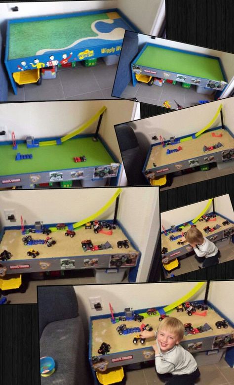 Conversion of unused wiggles train table into monster jam monster truck table #monsterjam Monster Truck Table, Monster Truck Bedroom, Monster Truck Room, Truck Bedroom, Learning Folder, Monster Truck Cars, Monster Jam Party, Truck Room, Truck Theme Birthday