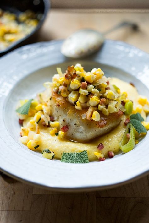 This recipe is a 'tweener'....Between Summer and Fall as it calls for fresh corn but has a cold-weather comfort about it.  Delicious Feasting At Home, Best Fish Recipes, Halibut Recipes, Creamy Polenta, Easy Fish Recipes, Fine Dining Recipes, Fish Recipes Healthy, Healthy Fish, Easy Delicious Recipes