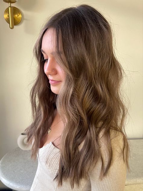 Soft Brown Hair Medium Length, Natural Brown Fall Hair, Level 6 Bronde Hair, Light Brown Low Maintenance Hair, Natural Light Brown Hair Balayage, Hair Brunnete Ideas, Brown Hair With Subtle Dimension, Light Brown Solid Color Hair, Melting Hazelnut Hair