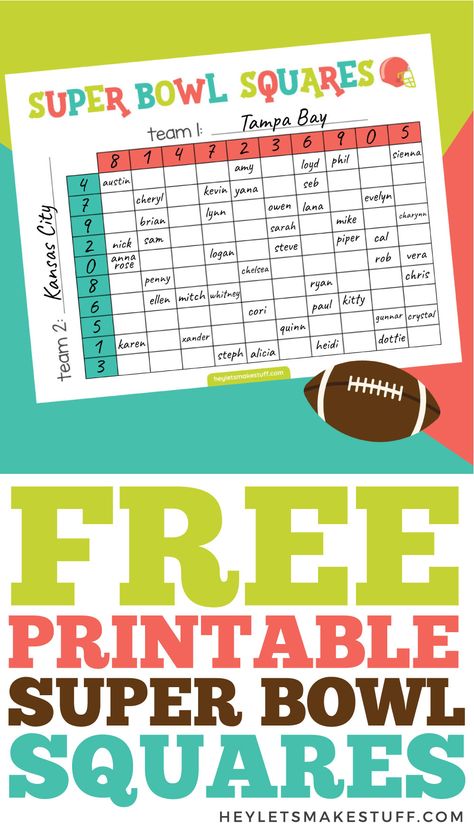 Get ready for Super Bowl Sunday and sweeten the pot with this free printable Super Bowl squares game. Get everyone involved in the game with this fun and easy game that everyone can play! Superbowl Squares Fundraiser, Super Bowl Fundraiser Ideas, Super Bowl For Kids, Super Bowl Squares Fundraiser, Super Bowl Squares Printable, Free Printable Football Squares, Super Bowl Sunday Food Ideas, Super Bowl Games To Play, Superbowl Games