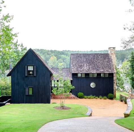 Paul Bates Architects on Instagram: “Our Black Lake House...from a recent visit to Lake Martin.” Tiny House With Breezeway, Two Toned Houses Exterior, Connect Two Houses, Minimalist Farmhouse Exterior, White Black And Wood Exterior, Addition Plans, Black Houses, Modern Farmhouse Exterior, Modern Barn