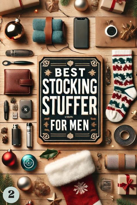 Image reads 'The Best Stocking Stuffers for Men' displayed on a wooden sign. The background features a wooden surface with festive Christmas decorations, including ornaments, socks, coffee, stockings, cologne, phone accessories, and more, creating a holiday-themed setting Best Stocking Stuffers For Men, Husband Stocking Stuffers, Dad Stocking Stuffers, Boyfriend Stocking Stuffers, Fun Stocking Stuffers, Countdown Activities, Christmas Gifts For Brother, Gift Guide For Men, Boyfriend Personalized Gifts