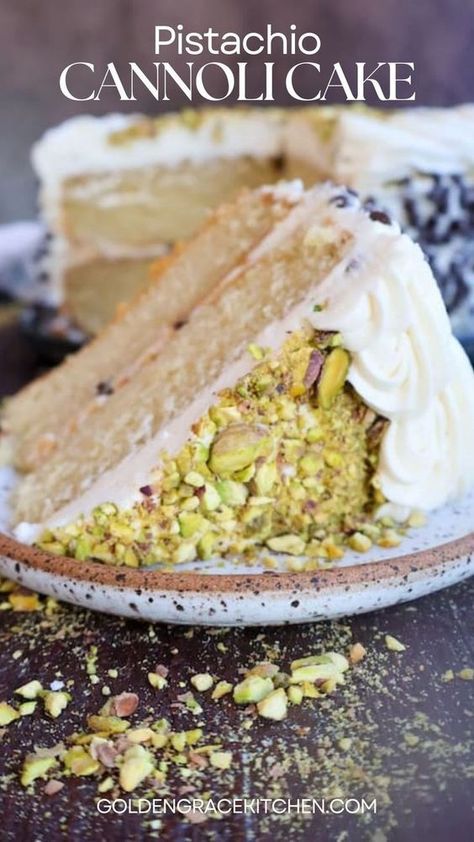 Sink your fork into the sumptuous melt-in-your-mouth texture of Pistachio Cannoli Cake with a creamy ricotta filling and orange-kissed mascarpone frosting. This decadent cake dressed in crunchy pistachios and sweet chocolate chips will demand center stage of any occasion. It will be love at first bite! Pistachio Cake Filling, Pistachio Cannoli, Cannoli Cake, Ricotta Filling, Cannoli Filling, Cannoli Cream, Ricotta Cake, Pistachio Cake, Decadent Chocolate Cake