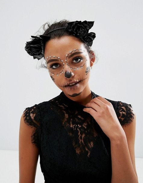 ASOS Halloween Faux Leather Floral Garland Headband Prom Headband, Halloween Costumes Scarecrow, Garland Halloween, Dead Makeup, Halloween Makeup Diy, Halloween Makeup Pretty, Sugar Skull Makeup, Pretty Halloween, Skull Makeup