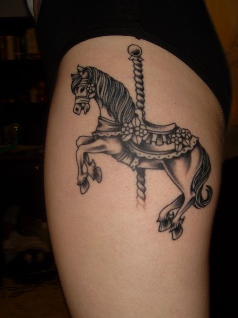 Carousel Horse Tattoos, Carousel Tattoo, Horse Tattoo Ideas, Horse Tattoos, Horse Tattoo Design, Sparrow Tattoo, Writing Tattoos, Horse Tattoo, Carousel Horse