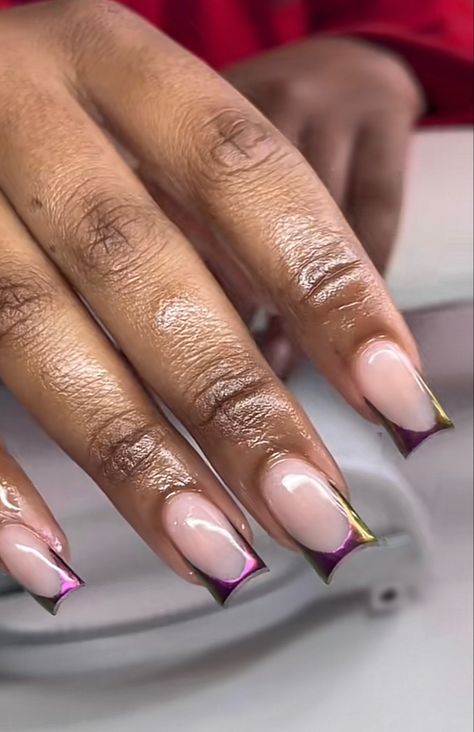 Iridescent purple chrome french tips😍 Iridescent French Tips, Irredescent Nails French Tip, Purple Chrome Nails Design, Chrome French Tips, Purple French Tip, Acrylic Nails Chrome, Purple Chrome Nails, Chrome French, Purple Chrome