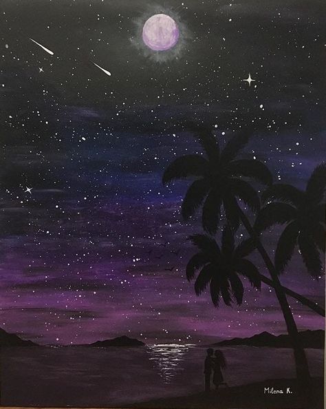 Moonlight on the beach painting.  Acrylic on stretched canvas 20in x 16 in Beach At Night Painting, Night Painting Moonlight, Night Beach Painting, Beach Painting Acrylic, Acrylic Painting On Black Canvas, Symbolism Art, Beach Sketches, The Beach Painting, Paintings Home Decor