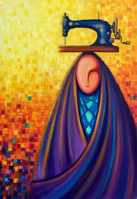 Sewing Machine Painting Art, Arabic Women Art, Hijab Painting, Arab Paintings, Hijab Art, Fauvism Art, Female Icon, Africa Art Design, Tears Art