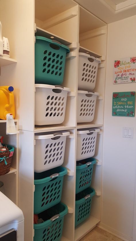 Laundry Clothes Storage, Laundry Room Dirty Clothes Storage, Laundry Sorting Cabinet, Seperate Laundry Clothes, Sorting Clothes Organizing, No Fold Clothes Storage, No Fold Laundry System, Laundry Sorting Ideas, Dirty Laundry Storage Ideas