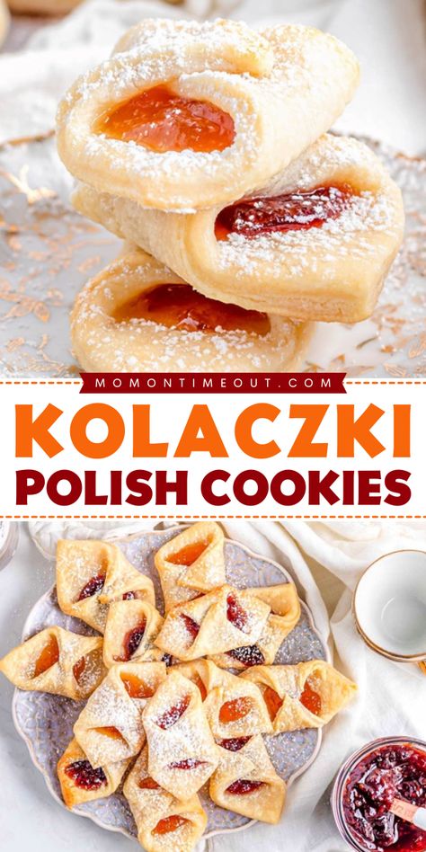 These best kolaczki cookies are perfect holiday treats! Easy Polish Christmas cookies come together with 4 simple ingredients, pairs beautifully with sweet and tart jewel-toned, jam fillings, and sprinkled with powdered sugar. Must-try Polish cookies! Kolaczki Recipe Polish, Christmas Jelly Cookies, Kolachky Cookie Recipe, Holiday Treats Easy, Polish Christmas Cookies, Kolache Cookie Recipe, Kolaczki Cookies, Kolaczki Recipe, Jello Cookies