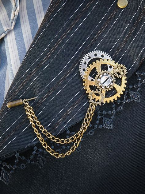 Steampunk Gear with Chain Brooch Steampunk Accessories Diy, Male Steampunk Fashion, Victorian Steampunk Aesthetic, Gear Aesthetic, Steam Punk Diy, Steampunk Wedding Decorations, Warlock Costume, Steampunk Brooch, Chain Brooch