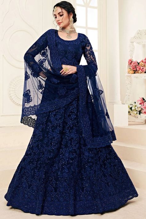 Dark Blue Lehenga, Navy Blue Lehenga, Navy Blue Party, Party Wear Lehenga Choli, Blue Lehenga, Gaun Fashion, Lehenga Online, Net Lehenga, Lehenga Choli Online