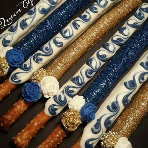 Royal Blue and White Swirl Marble Pattern Chocolate Pretzel Rods Wedding Pretzels, White Pretzels, Decorated Pretzels, Chocolate Covered Pretzel Sticks, Chocolate Pretzel Rods, Chocolate Covered Desserts, Marble Chocolate, Pretzel Treats, Chocolate Covered Pretzel Rods