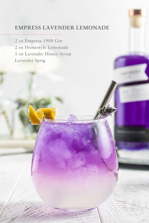 Empress Gin Lavender Lemonade, Pastel Drinks Cocktails, Lavender Gin Lemonade, Purple Signature Wedding Drinks, Ethereal Cocktails, Tangled Themed Cocktails, Light Up Drinks, Bridgerton Inspired Drinks, Spring Craft Cocktails