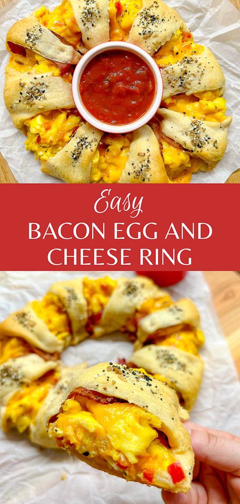 Bacon Egg and Cheese Breakfast Ring Breakfast Recipes Bacon, Bacon Breakfast Recipes, Bacon Breakfast Ideas, Bacon Egg And Cheese Casserole, Bacon And Eggs Breakfast, Bacon Egg Breakfast, Scrambled Eggs Bacon, Cheese Calzone, Egg And Cheese Casserole