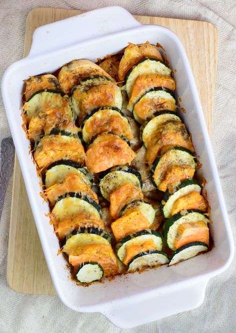 Healthy, gluten-free, low-carb sweet potato and zucchini casserole with chicken breast, covered with Parmesan I'm… by annaskitchen Sweet Potato Zucchini Recipes, Potato Zucchini Recipes, Sweet Potato And Zucchini, Sweet Potato Zucchini, Potato And Zucchini, Low Carb Sweet Potato, Chicken Breast Casserole, Casserole With Chicken, Potato Zucchini