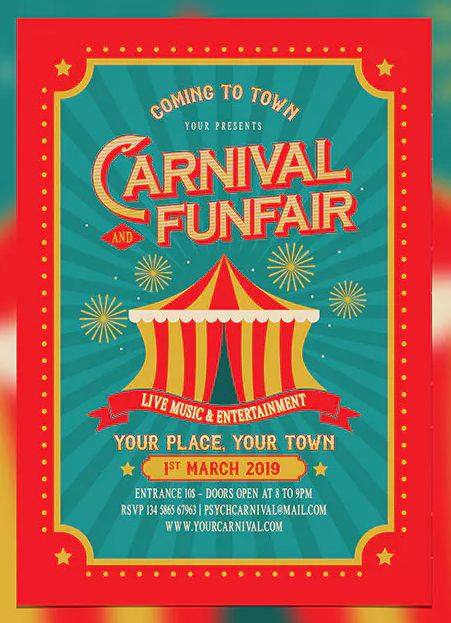 Vintage Carnival and Funfair Flyer Template AI, PSD. Download Carnival Design, Circus Decorations, Carnival Posters, Instagram Feed Planner, Baby Animal Drawings, Carnival Theme, Circus Poster, Carnival Festival, Event Poster Design