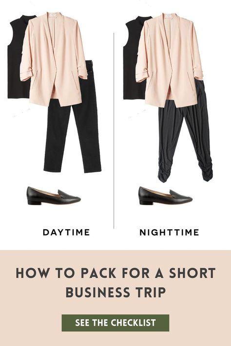 When packing for a short business trip, it can be tempting to bring more than you need, resulting in having to check your suitcase. The first step toward reducing the amount of clothing you are tempted to bring is to improve your packing process. In this guide, we've outlined a couple of packing hacks, as well as a packing list and suggested outfits, to help you streamline your entire process. How To Pack For A Work Trip, Packing For Work Trip In A Carry On, Business Trip Packing List Woman, Business Trip Outfits For Women, Work Trip Packing List, Business Trip Packing List, Business Travel Outfits, Womens Packing List, Business Trip Packing