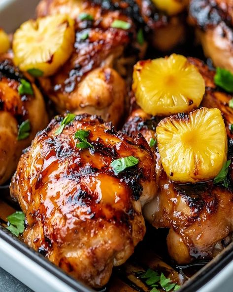 Baked Huli Huli Chicken with a sweet and savory pineapple glaze. This easy Hawaiian recipe is perfect for a delicious family dinner Hawaiian Baked Huli Huli Chicken, Sheet Pan Teriyaki Chicken And Pineapple, Aloha Chicken Casserole, Hawaii Chicken Pineapple, Hawaii Chicken Sheet Pan, Hui Hui Chicken Hawaiian, Hui Hui Chicken, Hulu Huli Chicken Recipe, Hawaiian Meals Ideas