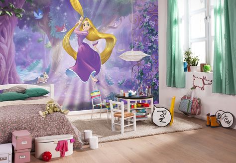 Rapunzel is swinging with her long hair through a magical forest. Children room girl bedroom ideas Disney princess. Disney Rapunzel bedroom ideas children. Children room wall decor. Disney Princess photomural. Tangled bedroom decor rapunzel room @komarproducts Girls Princess Bedroom, How To Apply Wallpaper, Photo Bedroom, Girls Bedroom Wallpaper, Giant Wall Art, Mural Abstract, Bedroom Purple, Giant Poster, Disney Rooms