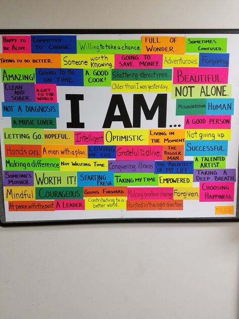 "I am" bulletin board Sticky Notes Quotes, Mindset Bulletin Board, Health Bulletin Boards, Work Bulletin Boards, Inspirerende Ord, Board Decoration, Classroom Bulletin Boards, School Bulletin Boards, Homecoming Proposal Ideas