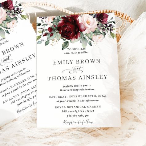 Rustic Burgundy Blush Pink Floral Greenery Wedding Invitation Foliage Bouquet, Blush Floral Wedding, Floral Greenery, Botanical Wedding Invitations, Wedding Anniversary Invitations, Winter Wedding Invitations, Greenery Wedding Invitations, Anniversary Invitations, 100th Birthday