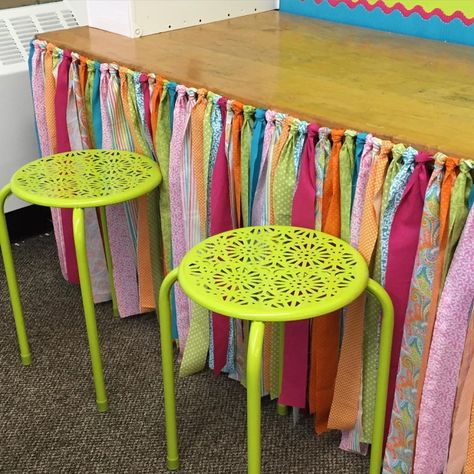 Table Canopy Diy, No Sew Table Skirt For Classroom, Cover Desk With Fabric, Painting Classroom Tables, Table Skirt Classroom, Classroom Table Decor, Teacher Desk Cover Ideas, Classroom Table Skirt, Teacher Table Skirt