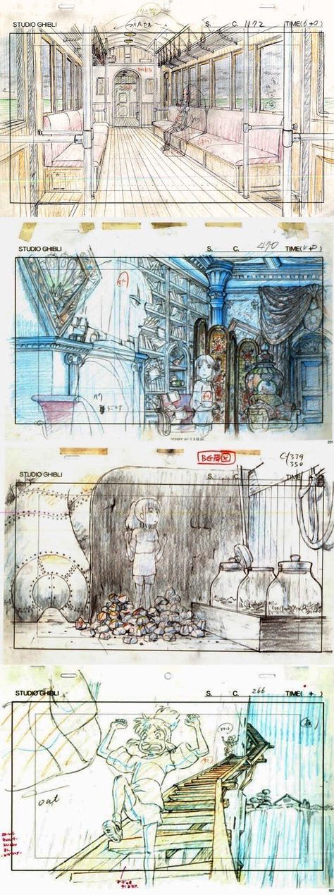 Studio Ghibli - The making of Spirited Away Studio Ghibli Concept Art Sketch, Ghibli Environment Concept Art, Studio Ghibli Storyboard, The Art Of Studio Ghibli, Studio Ghibli Settings, Miyazaki Storyboard, Studio Ghibli Environment, Studio Ghibli Concept Art, Ghibli Frames